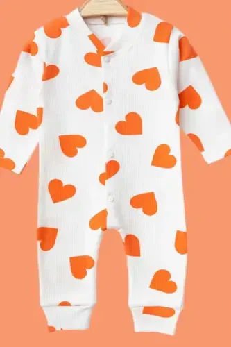 Baby Heart Print Ribbed Knit Snap Newborn Baby Romper 100% Cotton Elastic 1-3-6 Months-ORANGE HEART - 7
