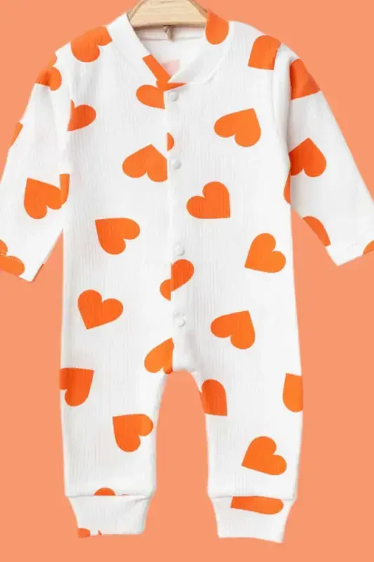 Baby Heart Print Ribbed Knit Snap Newborn Baby Romper 100% Cotton Elastic 1-3-6 Months-ORANGE HEART - 7