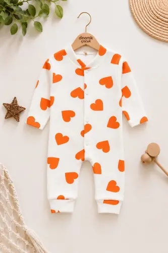 Baby Heart Print Ribbed Knit Snap Newborn Baby Romper 100% Cotton Elastic 1-3-6 Months-ORANGE HEART 