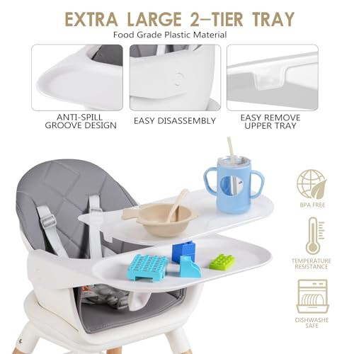 Baby High Chair, 6 in 1 Convertible Wooden High Chairs for Babies and Toddlers, Baby HighChair with Dishwasher Safe Double Removable Tray, Adjustable Footrest & Machine Washable Cushion - 27