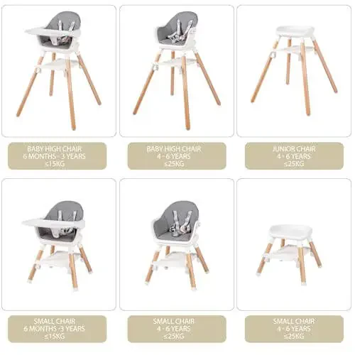 Baby High Chair, 6 in 1 Convertible Wooden High Chairs for Babies and Toddlers, Baby HighChair with Dishwasher Safe Double Removable Tray, Adjustable Footrest & Machine Washable Cushion - 8
