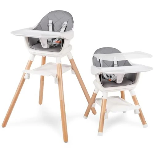 Baby High Chair, 6 in 1 Convertible Wooden High Chairs for Babies and Toddlers, Baby HighChair with Dishwasher Safe Double Removable Tray, Adjustable Footrest & Machine Washable Cushion - RICUTON