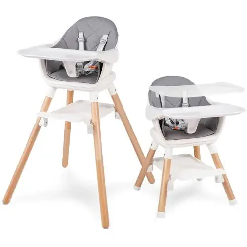 Baby High Chair, 6 in 1 Convertible Wooden High Chairs for Babies and Toddlers, Baby HighChair with Dishwasher Safe Double Removable Tray, Adjustable Footrest & Machine Washable Cushion - 1