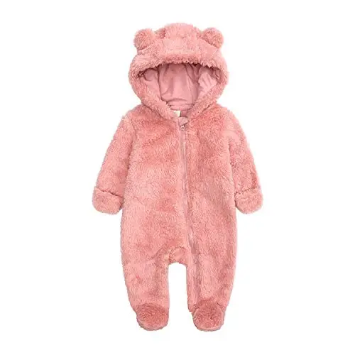 Baby Hooded Fleece Romper Long Sleeve Onesie Outwear Outfits 0-12M | Fall Winter Clothes,Halloween Outfits,Soft and Warm,Cute Bear Onesie,Baby Snowsuit - 1