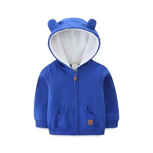 Baby Hoodie Sherpa Lined Zip up Light Fleece Jacket Solid Bear Coat Fall Winter 3-24 M - BIBIMOM
