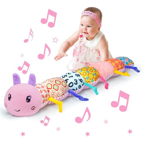 Baby Infant Musical Toy Soft Stuffed Animal Toy with Multi Textures,Rattle,Crinkle,Newborn Baby Toy for 0 3 6 9 12 Months Girls Boy Gift,Caterpillar，Pink - 1