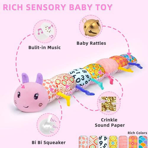 Baby Infant Musical Toy Soft Stuffed Animal Toy with Multi Textures,Rattle,Crinkle,Newborn Baby Toy for 0 3 6 9 12 Months Girls Boy Gift,Caterpillar，Pink - 3