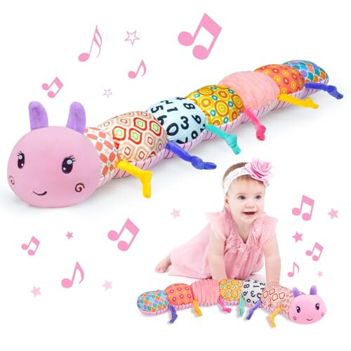 Baby Infant Musical Toy Soft Stuffed Animal Toy with Multi Textures,Rattle,Crinkle,Newborn Baby Toy for 0 3 6 9 12 Months Girls Boy Gift,Caterpillar，Pink - 1