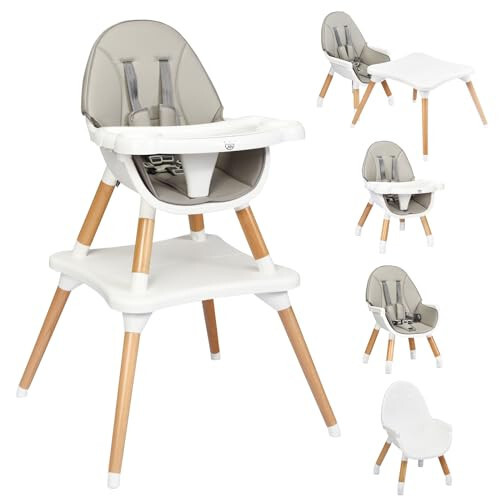 BABY JOY 5 in 1 High Chair, Convertible High Chairs for Babies and Toddlers/Booster Seat/Table and Chair Set, Infant Wooden Highchair w/ 5-Point Harness, 4-Position Removable Tray & PU Cushion, Gray - 31