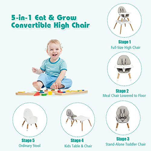 BABY JOY 5 in 1 High Chair, Convertible High Chairs for Babies and Toddlers/Booster Seat/Table and Chair Set, Infant Wooden Highchair w/ 5-Point Harness, 4-Position Removable Tray & PU Cushion, Gray - 32