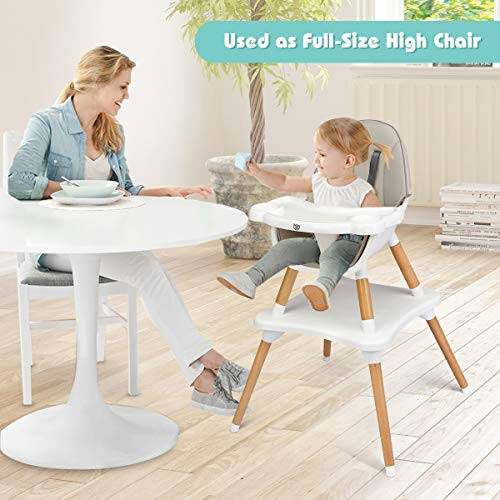 BABY JOY 5 in 1 High Chair, Convertible High Chairs for Babies and Toddlers/Booster Seat/Table and Chair Set, Infant Wooden Highchair w/ 5-Point Harness, 4-Position Removable Tray & PU Cushion, Gray - 36