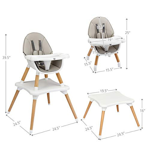 BABY JOY 5 in 1 High Chair, Convertible High Chairs for Babies and Toddlers/Booster Seat/Table and Chair Set, Infant Wooden Highchair w/ 5-Point Harness, 4-Position Removable Tray & PU Cushion, Gray - 17