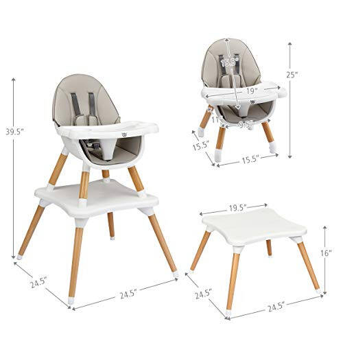 BABY JOY 5 in 1 High Chair, Convertible High Chairs for Babies and Toddlers/Booster Seat/Table and Chair Set, Infant Wooden Highchair w/ 5-Point Harness, 4-Position Removable Tray & PU Cushion, Gray - 11