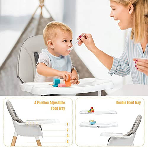 BABY JOY 5'i 1 Arada Yüksek Sandalye, Bebek ve Çocuklar İçin Dönüştürülebilir Yüksek Sandalyeler/Booster Koltuk/Masa ve Sandalye Seti, Bebekler İçin Ahşap Yüksek Sandalye 5 Noktalı Emniyet Kemeriyle, 4 Konumlu Çıkarılabilir Tepsi ve PU Yastık, Gri - 34