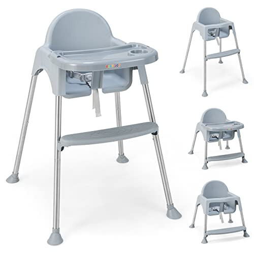 BABY JOY Baby High Chair, 4 in 1 Convertible High Chair with Adjustable Legs, Double Removable Tray, Safety Harness & Footrest, for 6-36 Months Babies & Toddlers (Gray) - 43