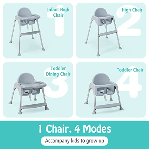 BABY JOY Baby High Chair, 4 in 1 Convertible High Chair with Adjustable Legs, Double Removable Tray, Safety Harness & Footrest, for 6-36 Months Babies & Toddlers (Gray) - 44