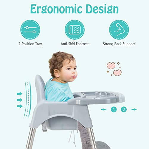 BABY JOY Baby High Chair, 4 in 1 Convertible High Chair with Adjustable Legs, Double Removable Tray, Safety Harness & Footrest, for 6-36 Months Babies & Toddlers (Gray) - 46