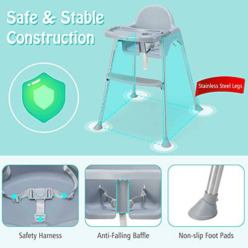 BABY JOY Baby High Chair, 4 in 1 Convertible High Chair with Adjustable Legs, Double Removable Tray, Safety Harness & Footrest, for 6-36 Months Babies & Toddlers (Gray) - 47