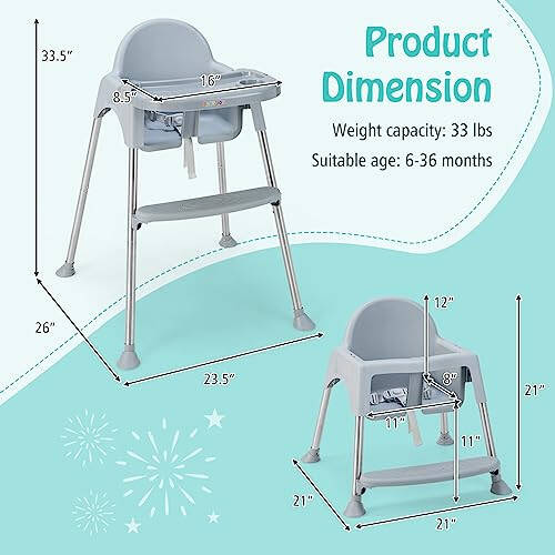 BABY JOY Baby High Chair, 4 in 1 Convertible High Chair with Adjustable Legs, Double Removable Tray, Safety Harness & Footrest, for 6-36 Months Babies & Toddlers (Gray) - 48