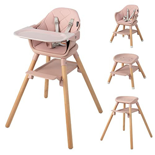 BABY JOY Baby High Chair, 6 in 1 Convertible Wooden High Chair for Babies & Toddlers with Adjustable Legs, Double Removable Tray, Safety Harness & Waterproof PU Cushion (Pink) - 31