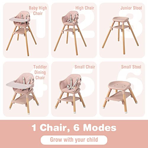 BABY JOY Baby High Chair, 6 in 1 Convertible Wooden High Chair for Babies & Toddlers with Adjustable Legs, Double Removable Tray, Safety Harness & Waterproof PU Cushion (Pink) - 32