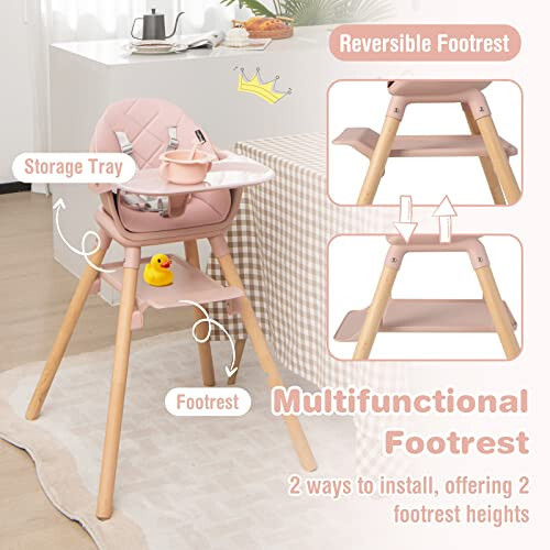 BABY JOY Baby High Chair, 6 in 1 Convertible Wooden High Chair for Babies & Toddlers with Adjustable Legs, Double Removable Tray, Safety Harness & Waterproof PU Cushion (Pink) - 34