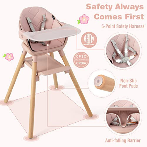 BABY JOY Baby High Chair, 6 in 1 Convertible Wooden High Chair for Babies & Toddlers with Adjustable Legs, Double Removable Tray, Safety Harness & Waterproof PU Cushion (Pink) - 35