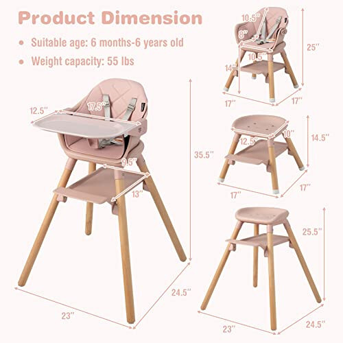 BABY JOY Baby High Chair, 6 in 1 Convertible Wooden High Chair for Babies & Toddlers with Adjustable Legs, Double Removable Tray, Safety Harness & Waterproof PU Cushion (Pink) - 36