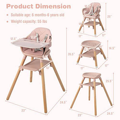 BABY JOY Baby High Chair, 6 in 1 Convertible Wooden High Chair for Babies & Toddlers with Adjustable Legs, Double Removable Tray, Safety Harness & Waterproof PU Cushion (Pink) - 36