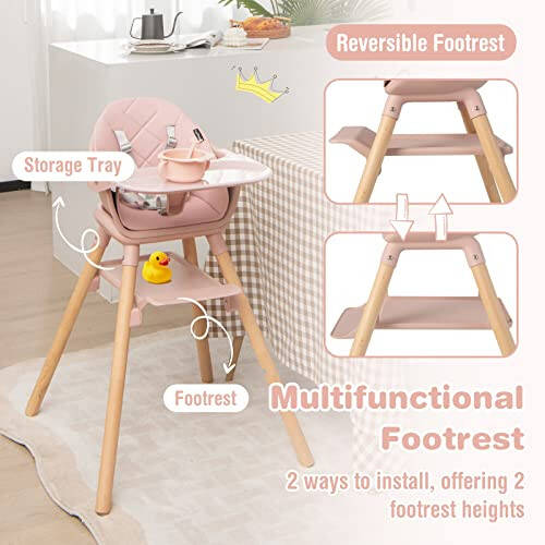 BABY JOY Baby High Chair, 6 in 1 Convertible Wooden High Chair for Babies & Toddlers with Adjustable Legs, Double Removable Tray, Safety Harness & Waterproof PU Cushion (Pink) - 10