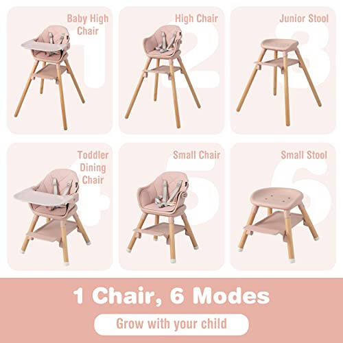 BABY JOY Baby High Chair, 6 in 1 Convertible Wooden High Chair for Babies & Toddlers with Adjustable Legs, Double Removable Tray, Safety Harness & Waterproof PU Cushion (Pink) - 2