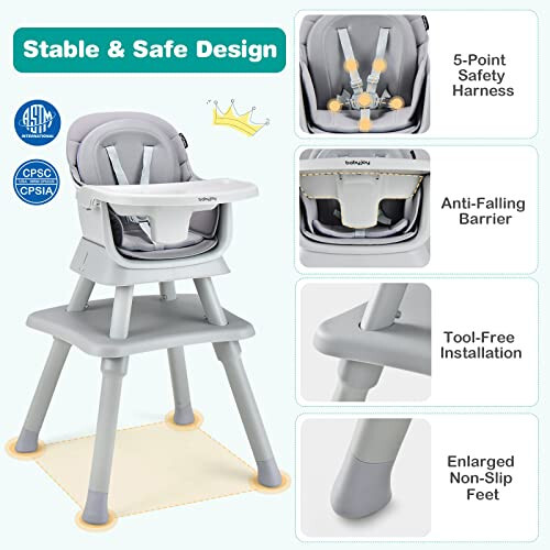 BABY JOY Baby High Chair, 8 in 1 Convertible Highchair for Babies & Toddlers | Booster Seat | Table and Chair Set | Building Block Table | Toddler Chair with Safety Harness, Removable Tray (Gray) - 33