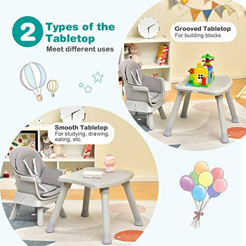 BABY JOY Baby High Chair, 8 in 1 Convertible Highchair for Babies & Toddlers | Booster Seat | Table and Chair Set | Building Block Table | Toddler Chair with Safety Harness, Removable Tray (Gray) - 17