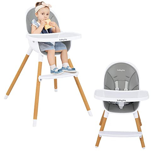 BABY JOY Convertible Baby High Chair, 3 in 1 Highchair w/Adjustable Legs, Dishwasher Safe Tray, Detachable PU Cushion, Footrest, 5-Point Harness for Babies Infants Toddlers (Gray) - 31