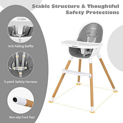 BABY JOY Convertible Baby High Chair, 3 in 1 Highchair w/Adjustable Legs, Dishwasher Safe Tray, Detachable PU Cushion, Footrest, 5-Point Harness for Babies Infants Toddlers (Gray) - 33