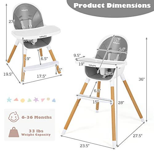 BABY JOY Convertible Baby High Chair, 3 in 1 Highchair w/Adjustable Legs, Dishwasher Safe Tray, Detachable PU Cushion, Footrest, 5-Point Harness for Babies Infants Toddlers (Gray) - 36