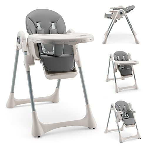 BABY JOY Convertible High Chair for Babies & Toddlers, Foldable Highchair with Adjustable Backrest/Footrest/Seat Height, Double Removable Tray, Detachable PU Cushion, Built-in Front Wheels (Gray) - 44