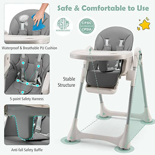 BABY JOY Convertible High Chair for Babies & Toddlers, Foldable Highchair with Adjustable Backrest/Footrest/Seat Height, Double Removable Tray, Detachable PU Cushion, Built-in Front Wheels (Gray) - 45