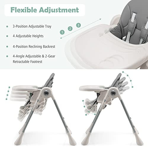 BABY JOY Convertible High Chair for Babies & Toddlers, Foldable Highchair with Adjustable Backrest/Footrest/Seat Height, Double Removable Tray, Detachable PU Cushion, Built-in Front Wheels (Gray) - 47