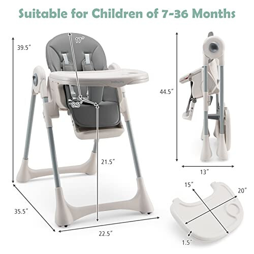 BABY JOY Convertible High Chair for Babies & Toddlers, Foldable Highchair with Adjustable Backrest/Footrest/Seat Height, Double Removable Tray, Detachable PU Cushion, Built-in Front Wheels (Gray) - 49