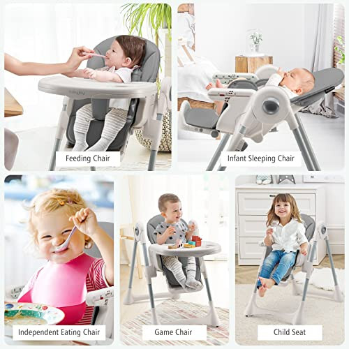 BABY JOY Convertible High Chair for Babies & Toddlers, Foldable Highchair with Adjustable Backrest/Footrest/Seat Height, Double Removable Tray, Detachable PU Cushion, Built-in Front Wheels (Gray) - 50