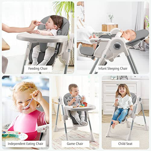 BABY JOY Convertible High Chair for Babies & Toddlers, Foldable Highchair with Adjustable Backrest/Footrest/Seat Height, Double Removable Tray, Detachable PU Cushion, Built-in Front Wheels (Gray) - 50