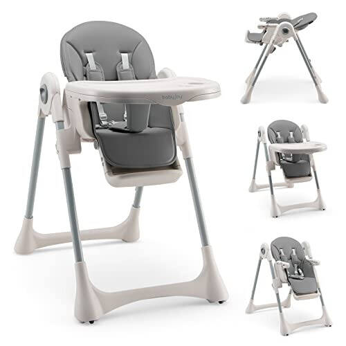 BABY JOY Convertible High Chair for Babies & Toddlers, Foldable Highchair with Adjustable Backrest/Footrest/Seat Height, Double Removable Tray, Detachable PU Cushion, Built-in Front Wheels (Gray) - 37