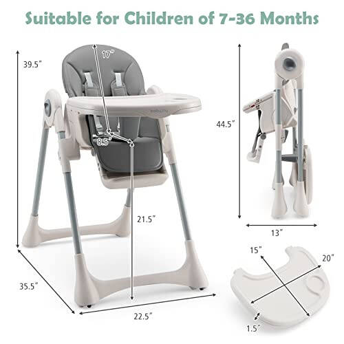 BABY JOY Convertible High Chair for Babies & Toddlers, Foldable Highchair with Adjustable Backrest/Footrest/Seat Height, Double Removable Tray, Detachable PU Cushion, Built-in Front Wheels (Gray) - 35