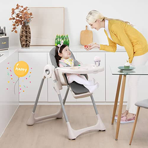 BABY JOY Convertible High Chair for Babies & Toddlers, Foldable Highchair with Adjustable Backrest/Footrest/Seat Height, Double Removable Tray, Detachable PU Cushion, Built-in Front Wheels (Gray) - 7