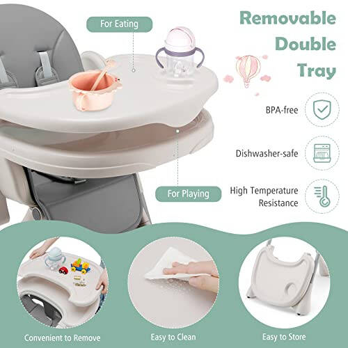 BABY JOY Dönüştürülebilir Yüksek Bebek Sandalyesi, Katlanabilir Yüksek Sandalye Ayarlanabilir Sırtlık/Ayaklık/Sandalye Yüksekliği ile, Çıkarılabilir Çift Tepsi, Çıkarılabilir PU Yastık, Dahili Ön Tekerlekler (Gri) - 32