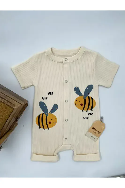 BABY KIDS BEE PATTERN SNAP FASTENER SHORT SLEEVE SHORT JUMPSUIT (ONESIE) %100 COTTON-Ecru - 2