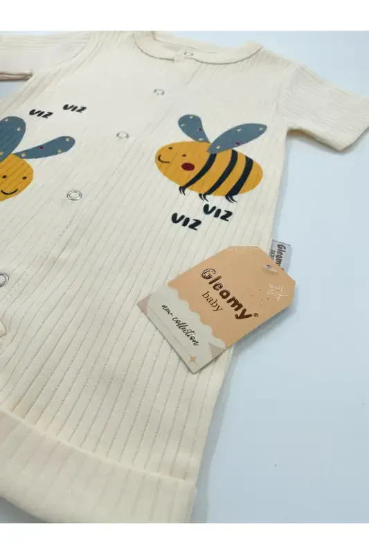 BABY KIDS BEE PATTERN SNAP FASTENER SHORT SLEEVE SHORT JUMPSUIT (ONESIE) %100 COTTON-Ecru - 3