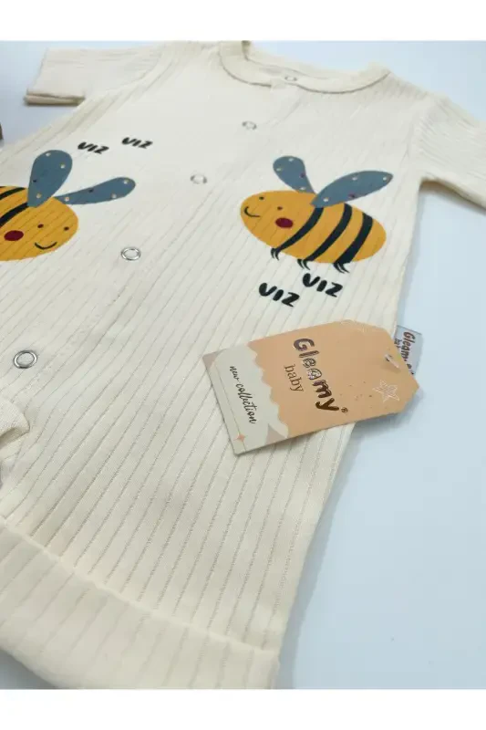 BABY KIDS BEE PATTERN SNAP FASTENER SHORT SLEEVE SHORT JUMPSUIT (ONESIE) %100 COTTON-Ecru - 4
