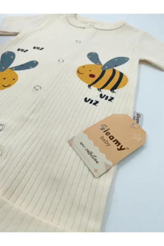 BABY KIDS BEE PATTERN SNAP FASTENER SHORT SLEEVE SHORT JUMPSUIT (ONESIE) %100 COTTON-Ecru - 6
